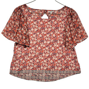 Lucky Brand Floral Blouse With Flutter Sleeves and back Cut Out Women Size Large